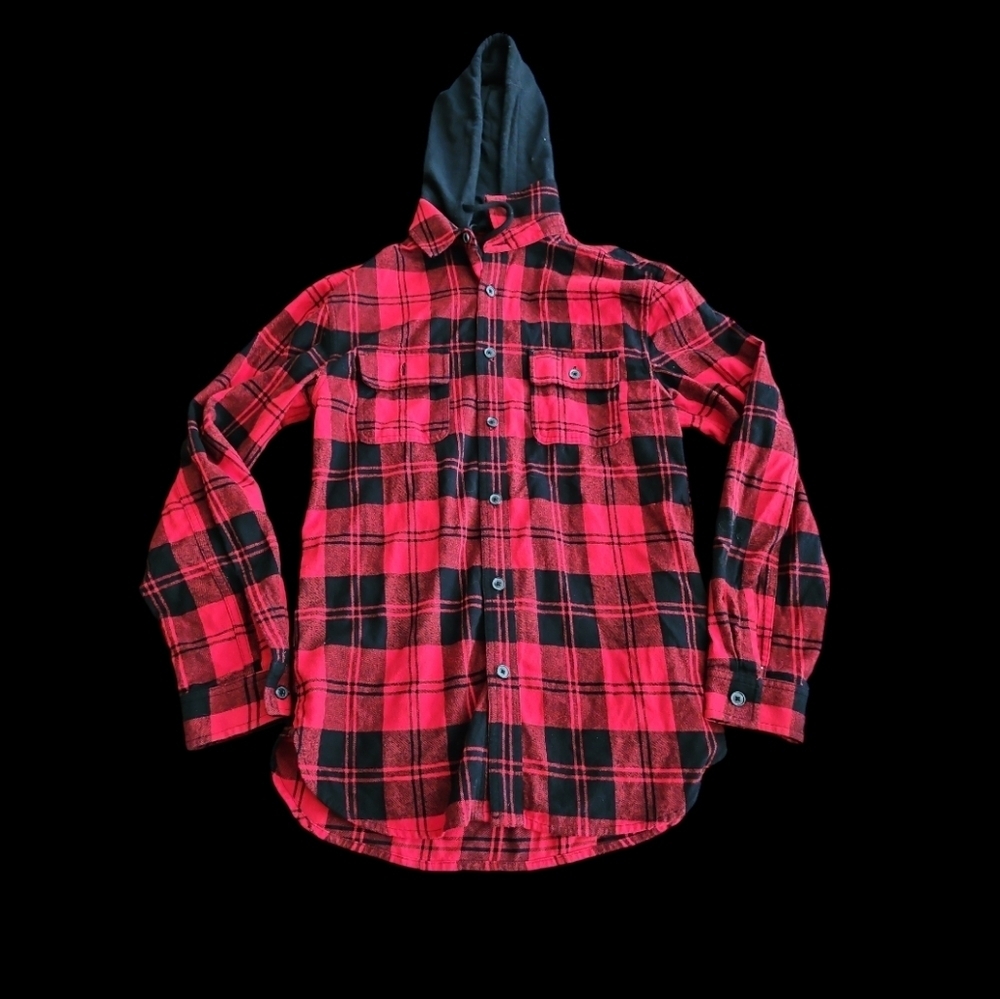 Original Use XS Red/Black Plaid Button-Up Long-Sleeved Jacket & Removable Hoodie